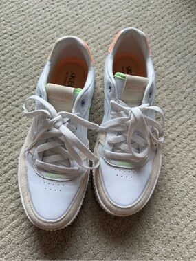 Skechers White Sneakers with Neon Green and Peach Accents